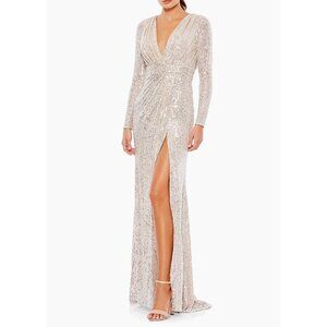 Mac Duggal Sequined Long Sleeve Evening Gown Embellishments Size 14 Silver